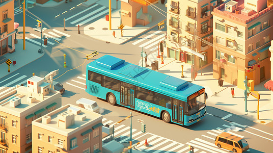 傍晚城市素材傍晚在城市中行驶的一辆卡通公交车插画