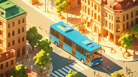 傍晚在城市中行驶的蓝色卡通公交车背景图片