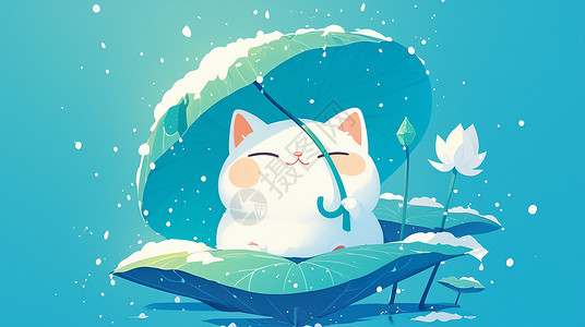 小伞拿着大大的叶子伞的可爱小白猫插画