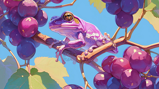 葡萄架上小鸟在葡萄架上一个紫色的卡通变色龙插画