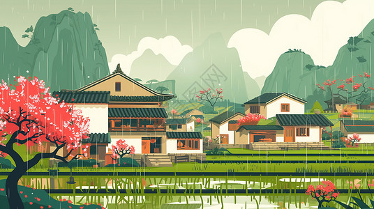 小山村雨中开着桃花的古风卡通小村庄插画