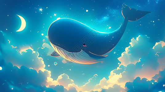 夜晚在空中飞游的卡通鲸鱼高清图片