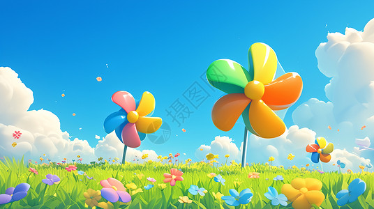 立体彩色舞台一大片草地上立体漂亮的彩色花朵插画