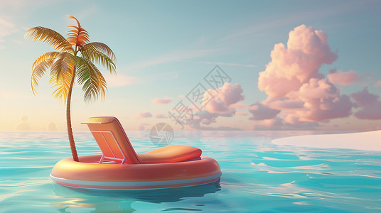 卡通度假岛茫茫的大海中小岛上一棵椰子树与游泳圈插画