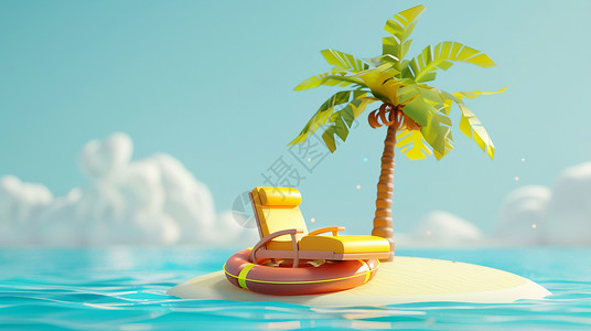 海岭岛茫茫的蓝色大海中小岛上一棵椰子树插画