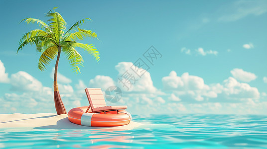 游泳圈卡通茫茫的大海中小岛上一棵椰子树与游泳圈插画