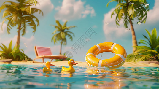 斯凯里岛的夏天夏天蓝色清澈的大海里一个黄黄色游泳圈与小黄鸭插画