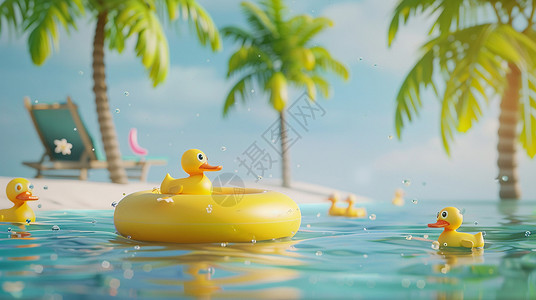 三门岛夏天蓝色清澈的大海里一个黄色游泳圈与小黄鸭插画