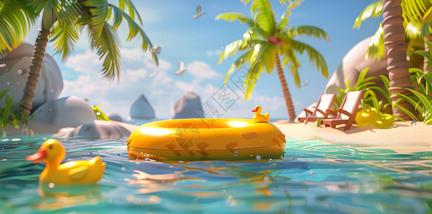 斯凯里岛的夏天蓝色清澈的大海里一个黄色游泳圈与小黄鸭插画
