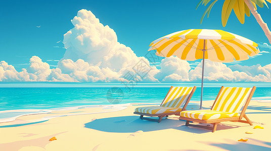 卡通躺椅金色沙滩上休闲椅上有一把大大的遮阳伞插画