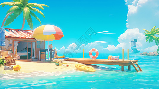沙滩房子夏天晴朗的天空下一座小岛插画