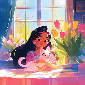 卡通美女抱花窗边抱着宠物猫的长发美女插画