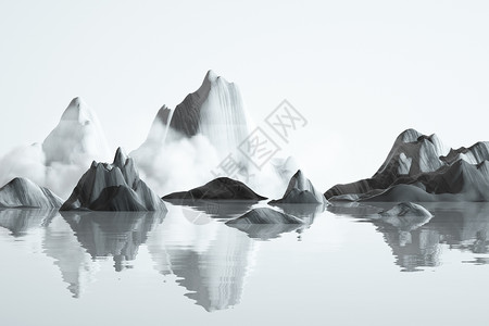 立体素材黑白中式水墨场景设计图片