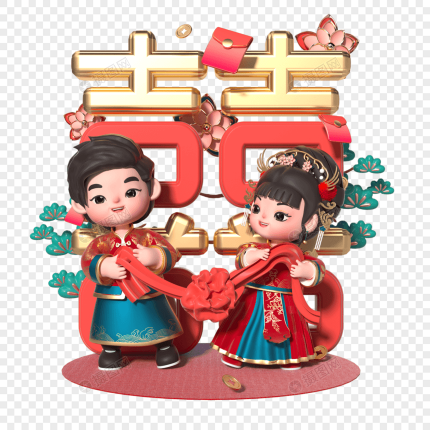 中式婚礼新郎新娘互动场景图片