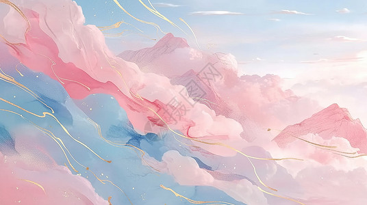 粉色的背景粉色云绕着大山飘着抽象金色丝带卡通风景插画