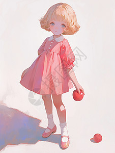手拿苹果素材穿着粉色连衣裙手拿苹果的卡通女孩插画