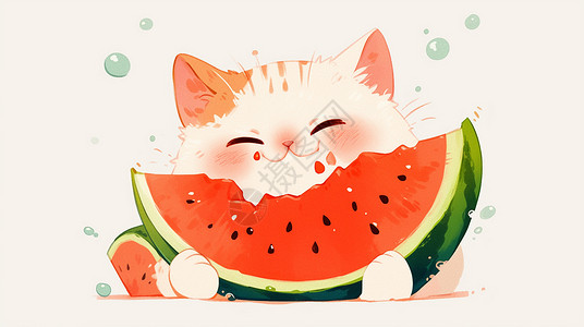 多吃正在吃美味西瓜的卡通小猫插画