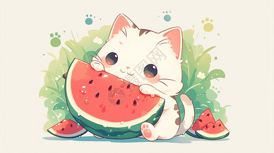 小猫吃正在吃美味西瓜的卡通猫插画