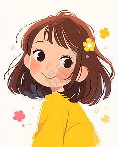 棕色上衣的女孩身穿黄色上衣头戴粉色花朵的卡通女孩插画
