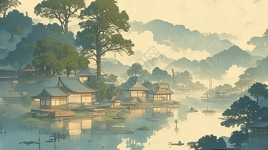 汉口镇唯美的卡通古镇山水风景画插画