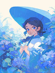 蓝色雨伞下雨在蓝色花丛中的优雅的卡通小女孩插画