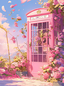 复古电话亭花丛中藏着一个粉色卡通电话亭插画