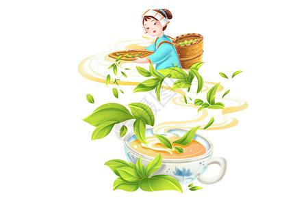 茶产业春季茶文化采茶女茶杯茶叶装饰场景插画