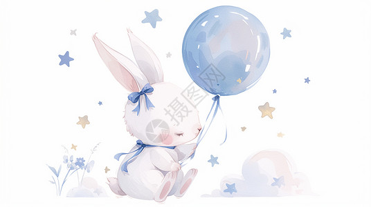 拿着气球的可爱卡通兔子背景图片