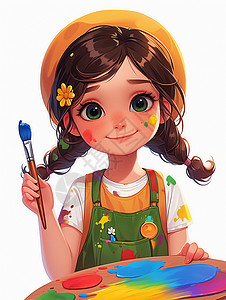 小清新帽子手拿着画笔戴着围裙满身颜料的小女孩插画