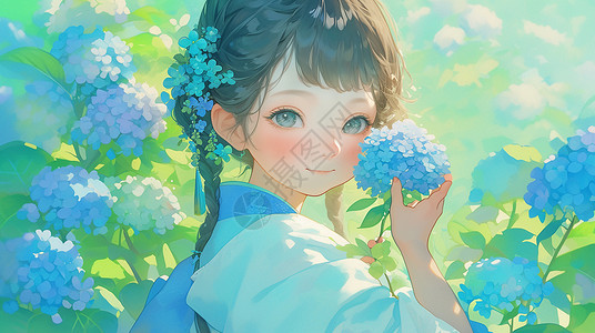 绣球之乡正在欣赏蓝色绣球花朵的古风漂亮女孩插画