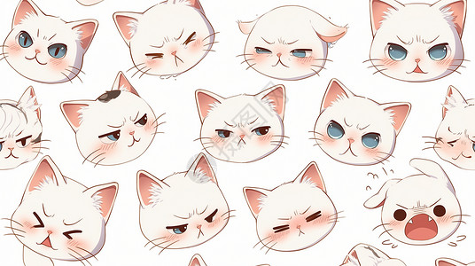 卡通动物表情各种表情的卡通小白猫插画