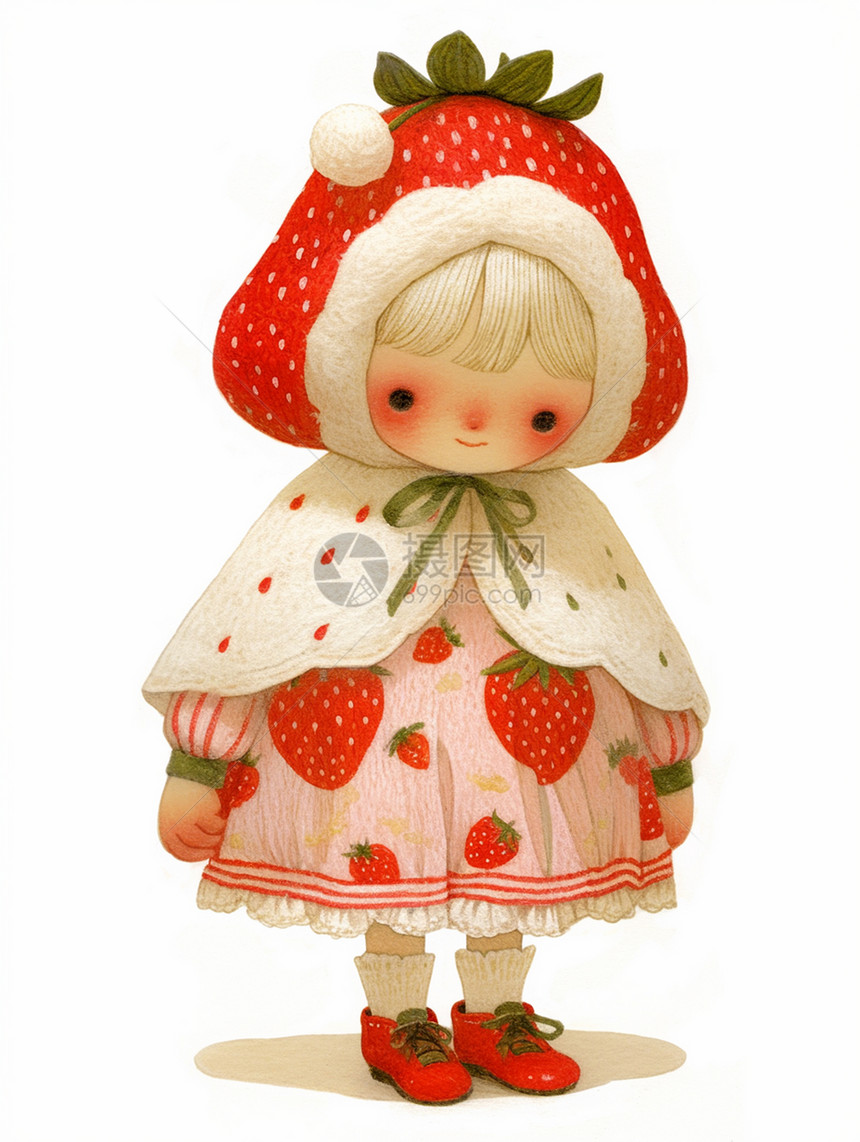 披着草莓斗篷戴着草莓帽子的可爱小女孩图片