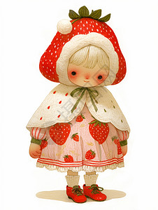 披着草莓斗篷戴着草莓帽子的可爱小女孩高清图片