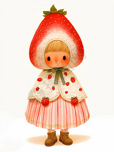 披着草莓斗篷戴着草莓帽子的可爱卡通小女孩高清图片