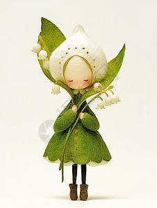 手工制作衣服手拿风铃花朵穿着绿色衣服的可爱羊毛毡女孩插画