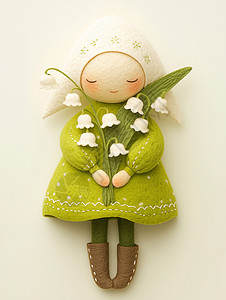 风铃鼓手拿风铃花朵穿着绿色衣服的可爱卡通女孩插画