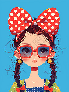 蓝色卡通蝴蝶结戴着墨镜头上戴着波点发卡的时尚卡通女孩插画