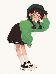 黑色卫衣穿着绿色卫衣黑色短裙时尚漂亮的女孩插画