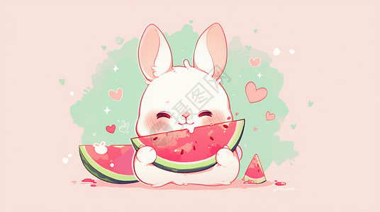 清凉的水果吃西瓜的可爱小白兔插画