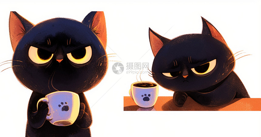 喝咖啡的卡通小黑猫图片