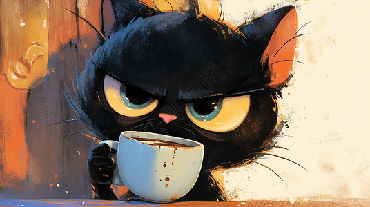 大杯子正在喝咖啡的卡通小黑猫插画