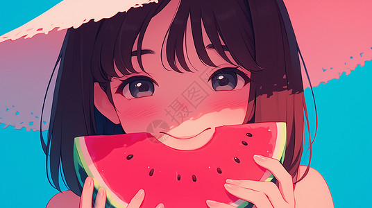 可爱的卡通小女孩在吃大大的西瓜高清图片