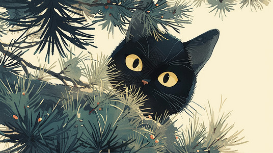 躲在松树后面可爱的卡通小黑猫高清图片