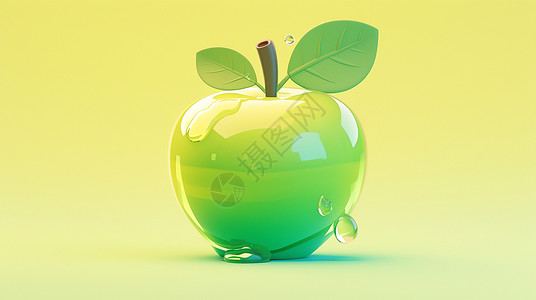切削青苹果有绿色苹果叶子的卡通苹果插画