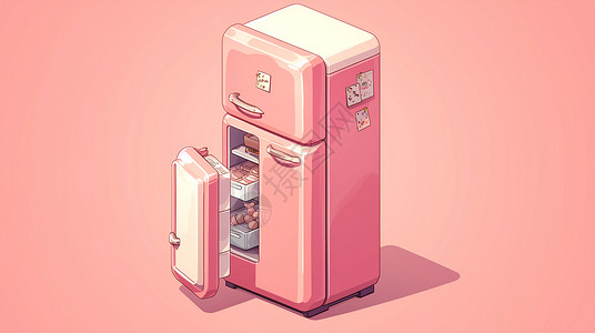 冰箱开门粉色立体简约可爱的卡通小冰箱插画