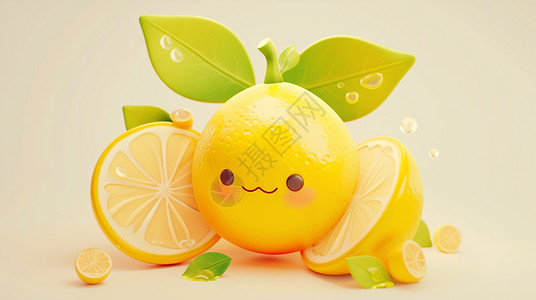水果水果浅黄色有叶子的卡通柠檬插画