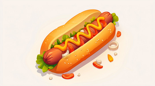 一排火腿肠涂满沙拉的卡通美味热狗插画
