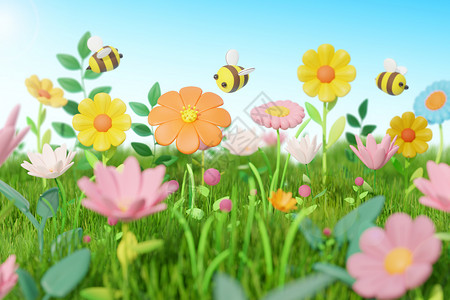 3D草坪在花丛中的蜜蜂设计图片