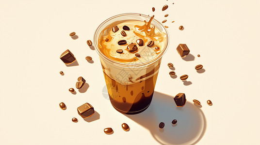 咖啡拉花与咖啡豆一杯优雅美味的卡通咖啡插画