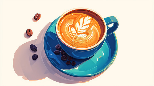 咖啡拉花与咖啡豆一杯优雅的卡通咖啡插画